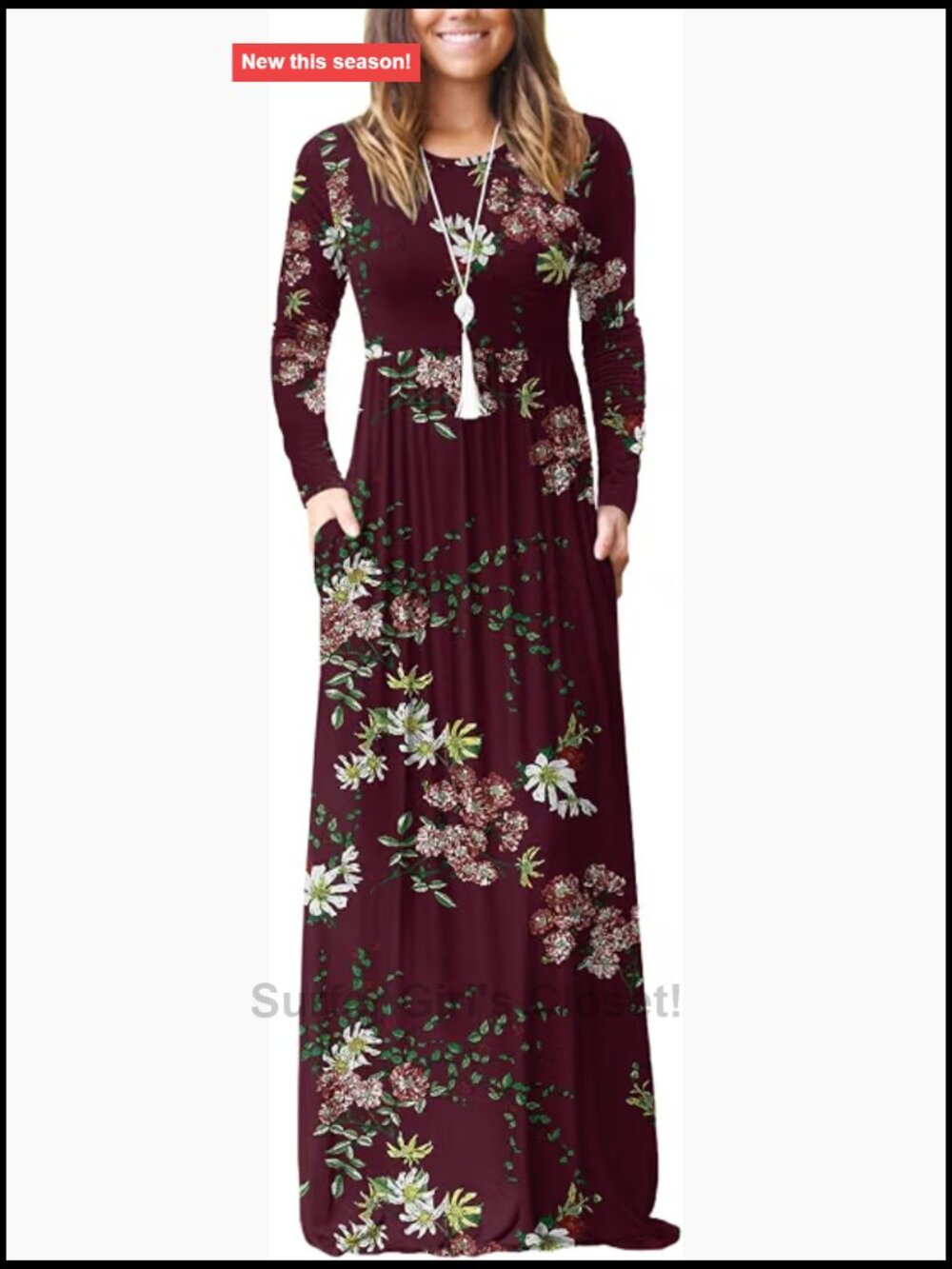 Long Sleeve Maxi Dress with Pockets, Stretchy Rayon & Spandex